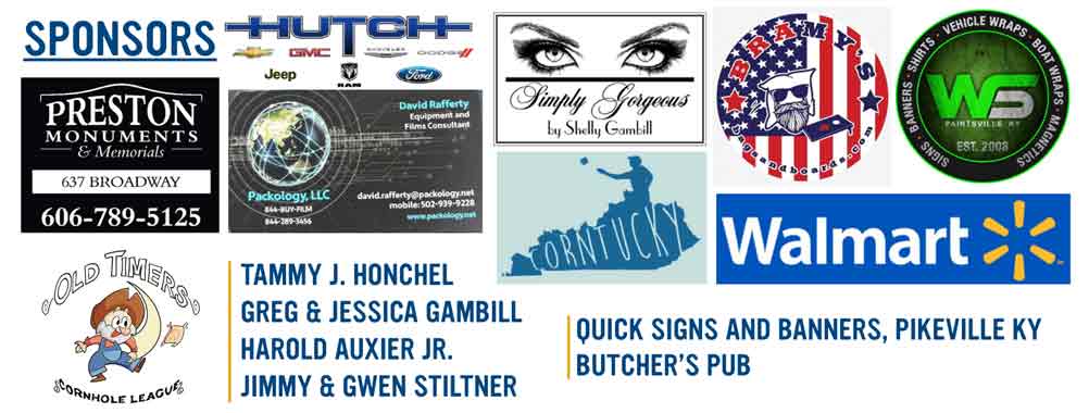 A sponsorship banner featuring multiple business logos and names of individual sponsors. The banner includes logos for ‘Hutch’ (GMC, Jeep, Dodge, RAM), ‘Preston Monuments & Memorials,’ ‘Packology, LLC,’ ‘Simply Gorgeous by Shelly Gambill,’ ‘Pramy’s,’ ‘WS Paintsville, KY,’ ‘Old Timers Cornhole League,’ ‘Walmart,’ and other sponsors. Additionally, individual sponsors such as Tammy J. Honchel, Greg & Jessica Gambill, Harold Auxier Jr., and Jimmy & Gwen Stiltner are listed. Other businesses mentioned include ‘Quick Signs and Banners, Pikeville KY’ and ‘Butcher’s Pub.