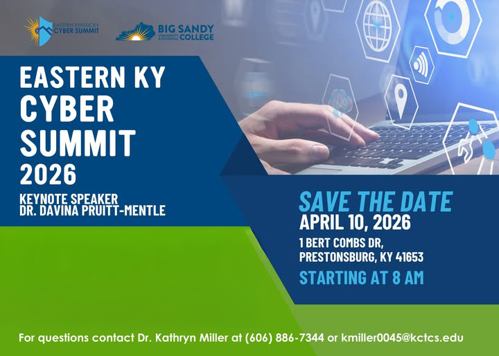 Promotional graphic for the “Eastern KY Cyber Summit 2026” featuring a blue and green design with a laptop and digital icons in the background. The event highlights keynote speaker Dr. Davina Pruitt-Mentle. It includes the date “April 10, 2026,” location “1 Bert Combs Dr, Prestonsburg, KY 41653,” and start time “8 AM.” Contact information for Dr. Kathryn Miller with phone number and email is listed at the bottom.