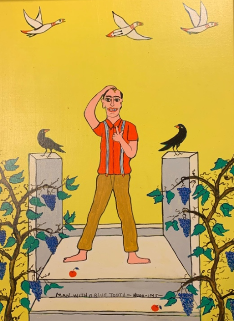 Painting of a mand standing in a garden between crows