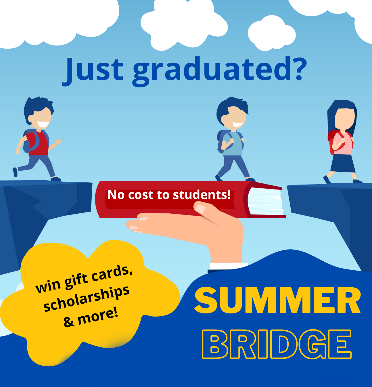 Graphic with text: Just graduated? No Cost to Students! - Win Gift Cards, Scholarships & More! Summer Bridge Program